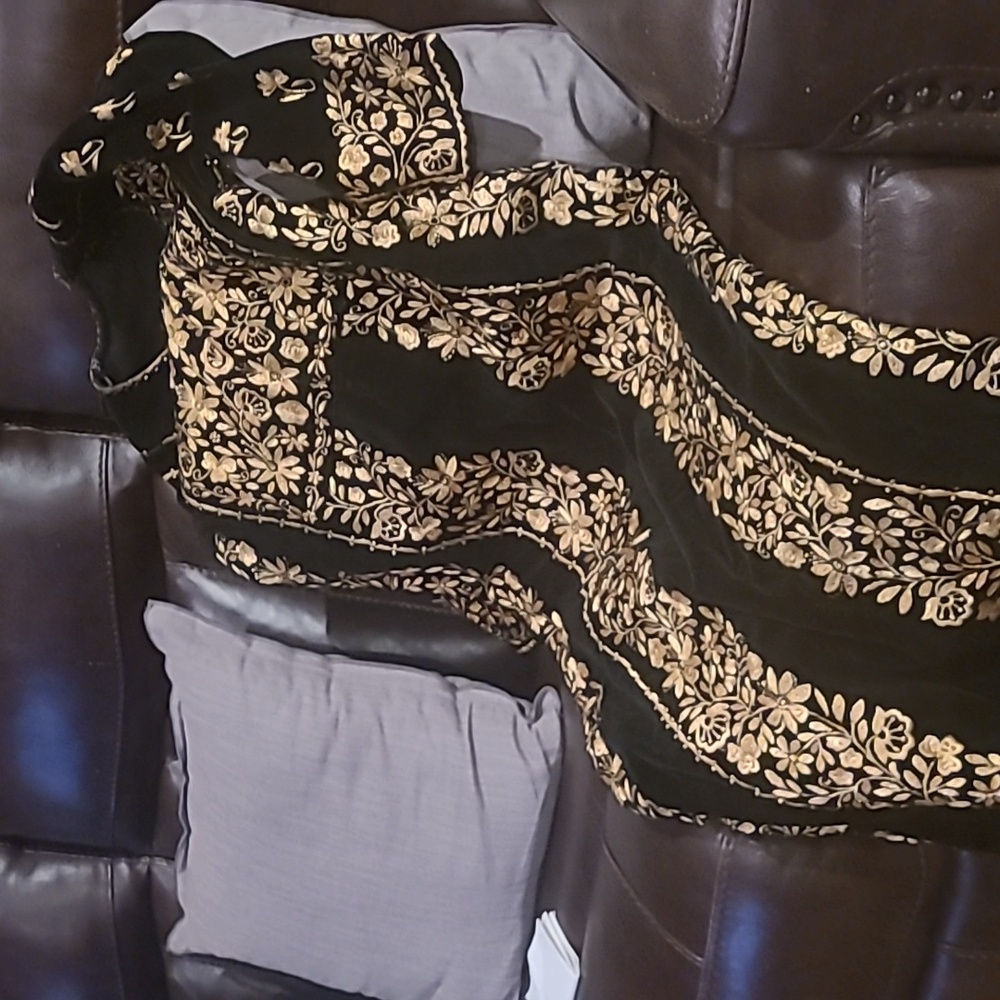 Vintage Hand-Embroidered Black Velvet Kaftan with Gold Zari Floral Detailing